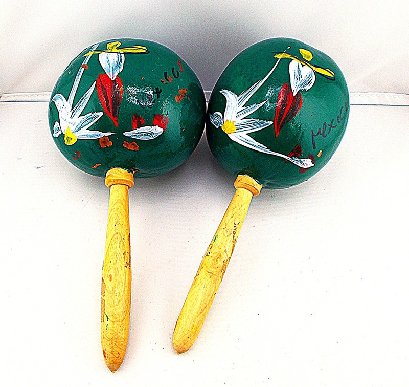 Authentic GOURD MARACAS (2), one pair, made in Mexico, 8"x 4" Handmade & Painted
