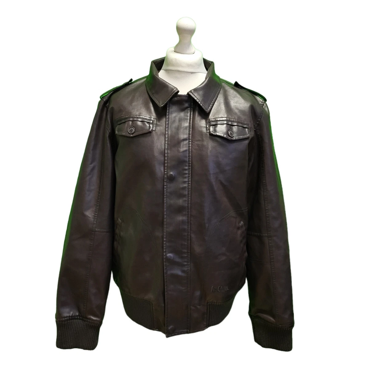 D155 MENS LEE COOPER BROWN FAUX LEATHER JACKET COLLARED BOMBER JACKET UK XL