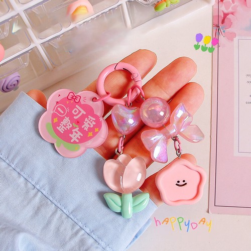 Pink Flower Keychain - Cute Car Key Ring Pendant For Women, Purse & Bag Accessory