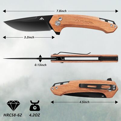 FLISSA 3.2''Pocket Folding Knife D2 Blade Wood Handle Button Lock Pocket Clip
