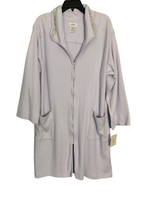NWT ARIA Women Full Zip Pockets ROBE Purple Floral Lace 100% Cotton Large XLarge