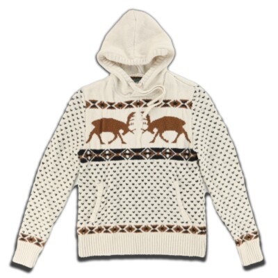 American Eagle Knit Hooded Pullover Deer Sweater Cream Men's S