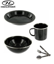 Enamel Camping Set Includes Cutlery Set Plate Mug and Bowl Black Highlander