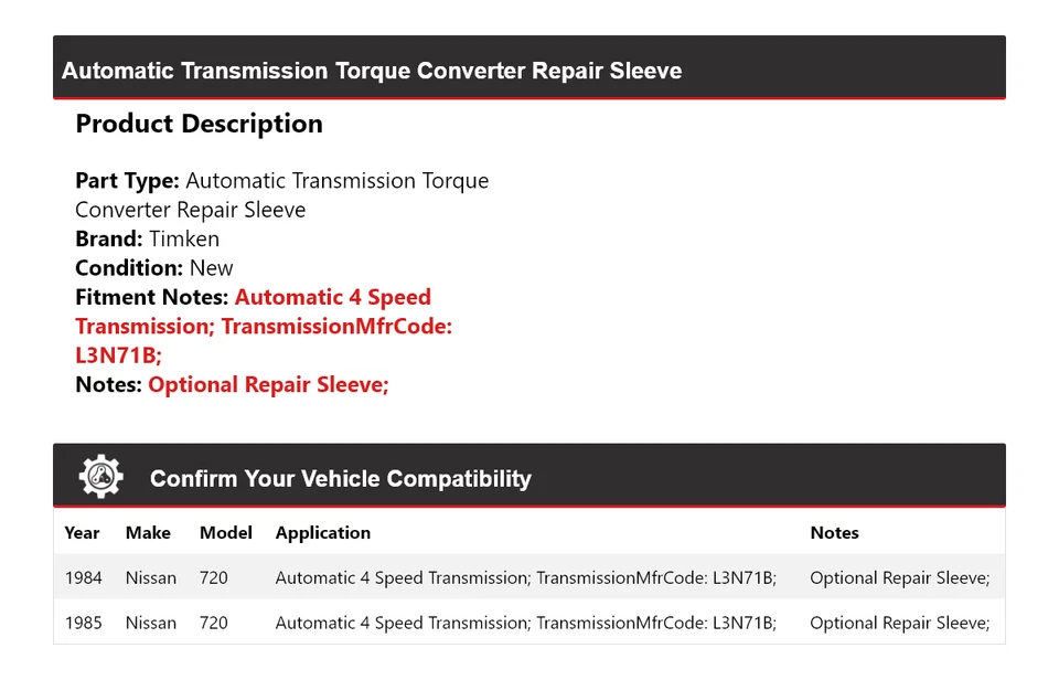 For 1984-1985 Nissan 720 Auto Trans Torque Converter Repair Sleeve Timken - Image 2 of 4