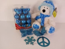 Hugfun International White Snowflake Teddy Bear 17" Plush Blue Christmas Balls 