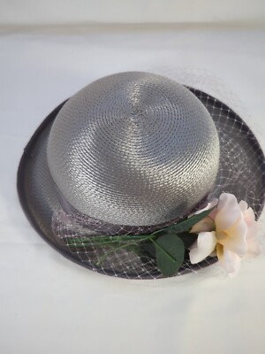 Neiman Marcus Womens Straw Hat Silver Church Derby Flower  display picture 2