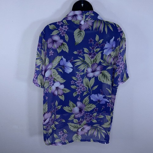 MEDIUM VINTAGE HABAND PURPLE FLORAL SEMI SHEER BLOUSE BUTTON FRONT SHORT SLEEVE - Picture 3 of 11