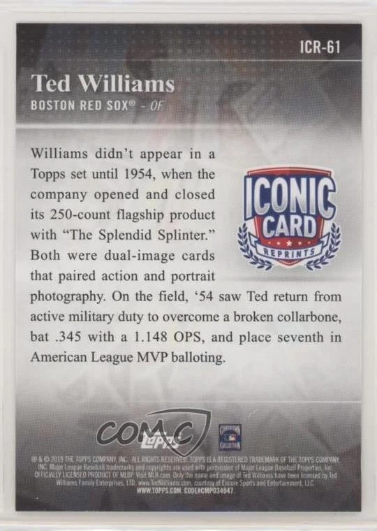 2019 Topps Iconic Card Reprints Ted Williams #ICR-61 HOF - Image 2 of 2