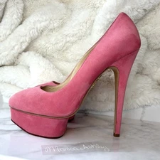 Charlotte Olympia Rose Pink Suede Dolly Platform Pumps Size 40 Heels, New