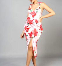 WOMEN PLUS SIZE FLORAL V NECK RUCHED SPLIT MIDI DRESS ( SIZE 2XL )