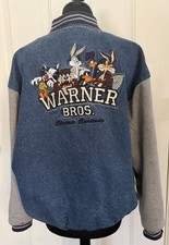 VTG 90s Warner Brothers Looney Tunes Embroidered Denim Varsity Jacket Small