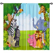 Kids Animal Curtains W42 x L63 Inch Rod Pocket Jungle Safari Wildlife Zoo Ele...