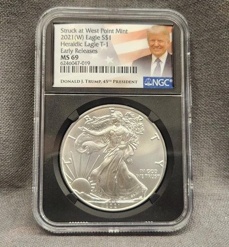 2021-W $1 T1 American Silver Eagle – NGC MS69 – Trump Label Black Core