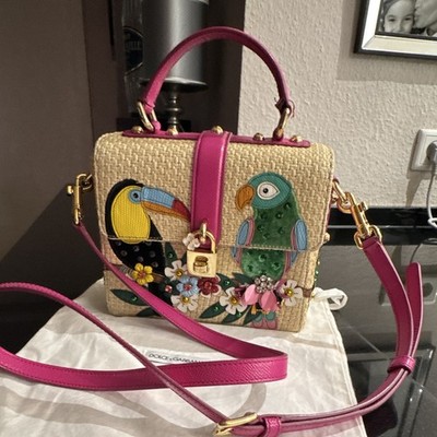 Dolce & Gabbana Umhängetasche Stroh/Leder beige-pink Vogel/Blume, Träger