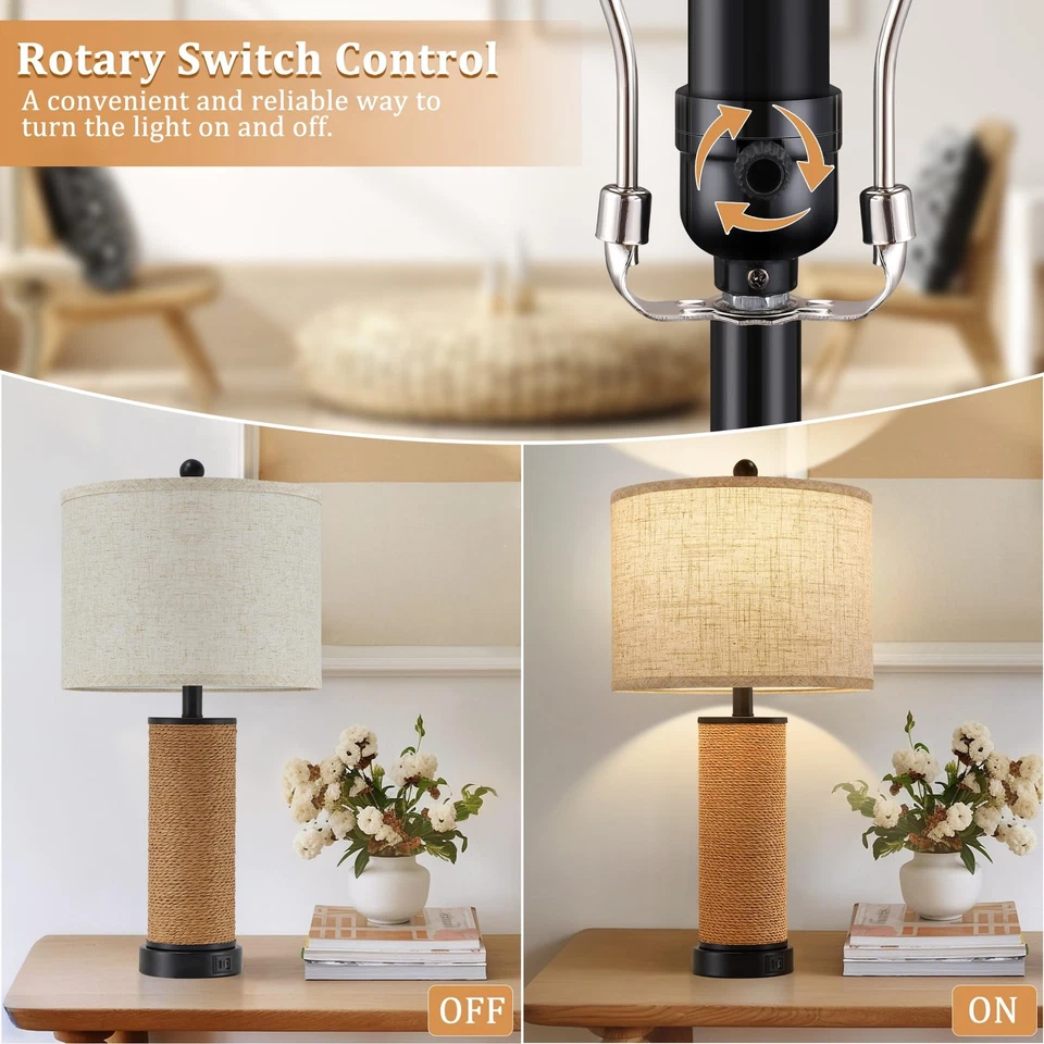 Juego de 2 Lámparas de Mesa de Ratán para Salón con Puertos USB C+A, Multicolor T... Foto 3 de 4