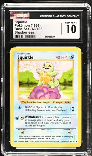CGC 10 GEM MINT Squirtle 63/102 Base Set Shadowless Pokemon Card
