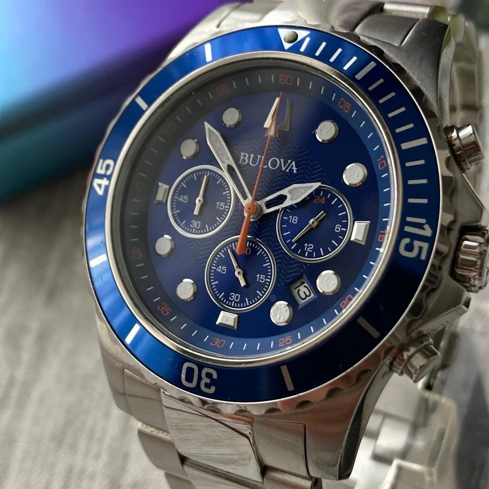 Bulova Watch Mens Chronograph Divers Style Blue Dial All Steel 42mm Case - Image 3 of 4