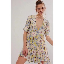 Free People Mini Dress Floral Print V-Neck Short Sleeve Casual Size XS
