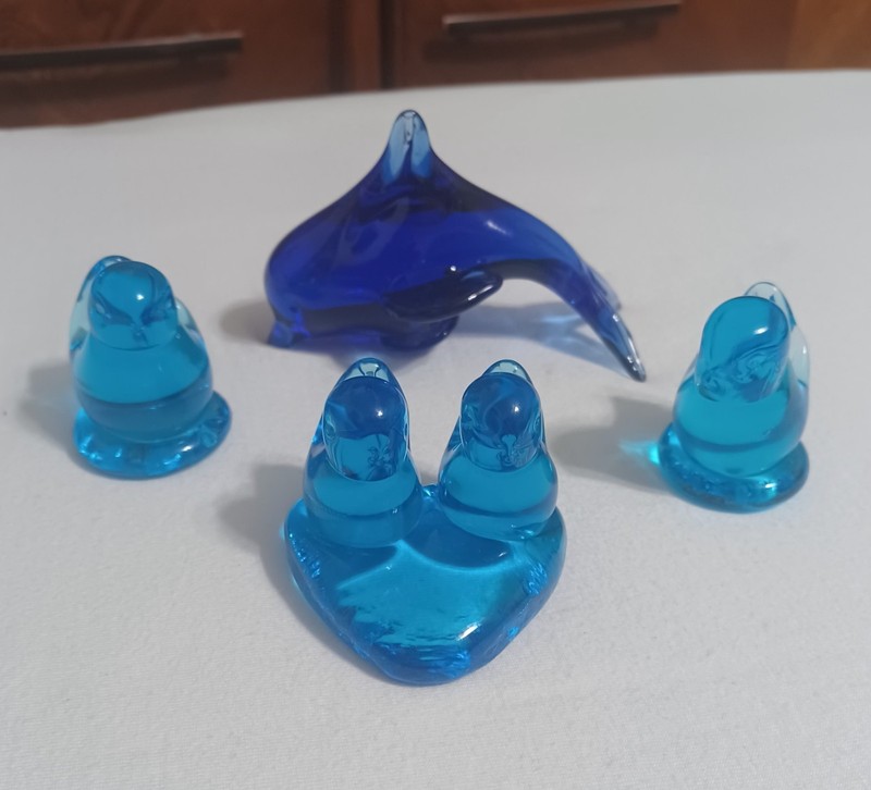 Lot Of 3 Vintage LEE WARD Blue Bird Glass Figurines, Love Birds + Bonus Dolphin