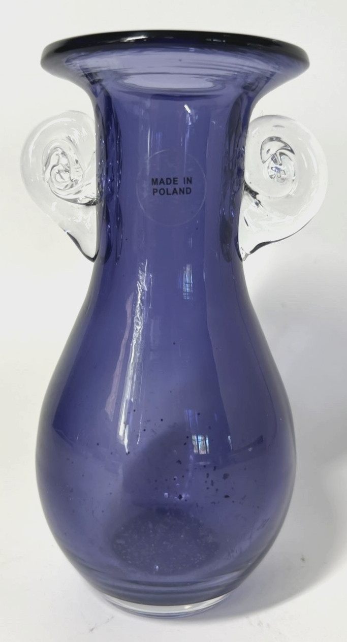 Vintage Hand-Blown Amethyst Glass Vase w/ Clear Applied Handles Made in Poland
