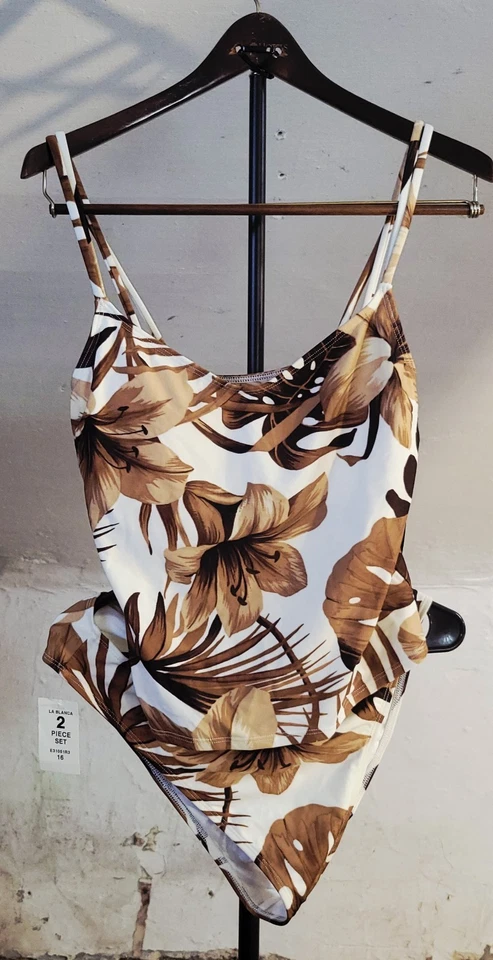 La Blanca Women's 16 Swimsuit 2 Piece Tankini Brown White Floral New - Image 2 of 4