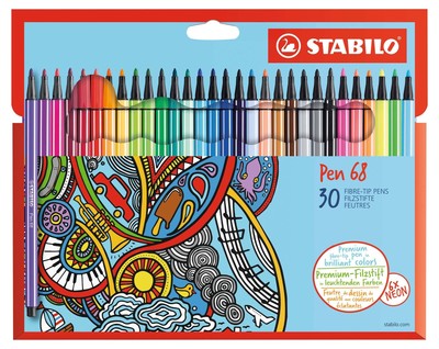 Premium Fibre-Tip Pen - STABILO Pen 68 - Pack of 30 - Assorted Colours
