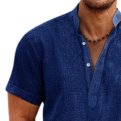 Mens Linen Shirts Summer Short Sleeve Tops V Neck Loose Casual Button Blouse ## - Picture 25 of 55