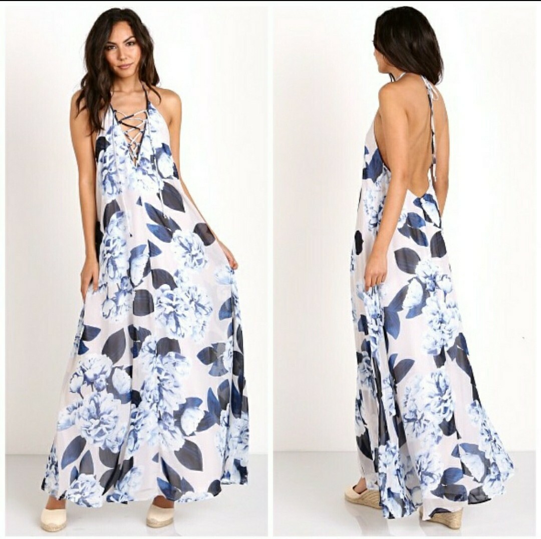 show me your mumu blue floral dress Size L Maxi Logan Lace-Up NWT $180 Color:BLKPA sleeve:Short Sleeve Gomelly Low Heel Dress Flower shop it’s perfect for bridesmaids
