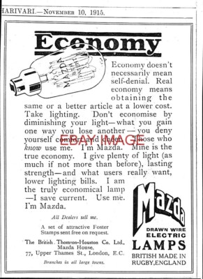 WW1 Reklame MAZDA gezogene Draht elektrische Lampen (3) Kleindruck 1915 Ad 734/44