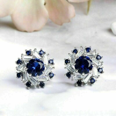 Round Cut Simulated Sapphire Gorgeous Flower Stud Earring 14k White Gold Plated