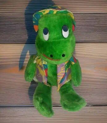 1986 Roni Toy Green Frog Hawaiian Shirt Hat Plush Stuffed Animal Toy 17'' Vintage