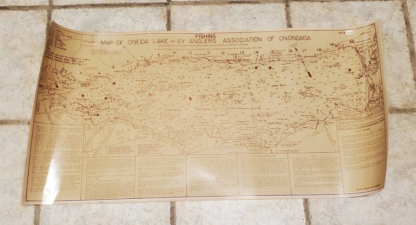 Vintage Map of Oneida Lake Fishing by Anglers Association of Onondaga 1954-1968 