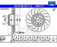 Brake Disc ATE 24.0136-0117.2 For BMW 5 Series 5 Series Touring 6 Series