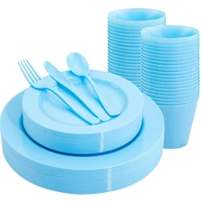 150 Piece Blue Plastic Plates Disposable - Blue Dinnerware Set Includes 25 Di...