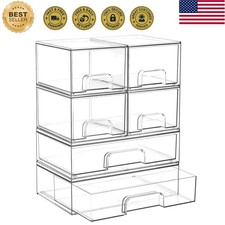 Stackable Storage Drawers Set of 6, Clear Plastic Organizer Bins for Bathroom...