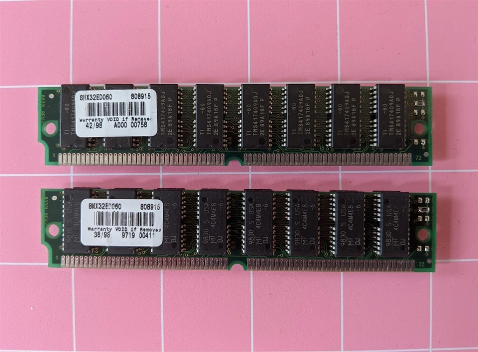 64MB 2x32MB 72-pin Simm EDO TI/MICRON 8MX32EDO60 Memory Kit 60ns 8Mx32 5V 72Pin - Image 2 of 4