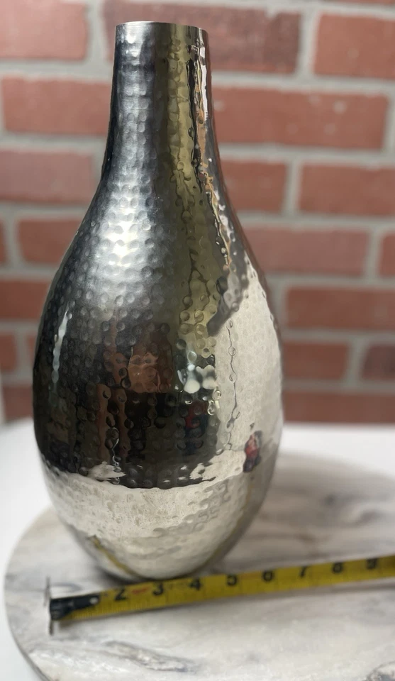 Jarrón calabaza lágrima aluminio martillado vintage 14" mediados de siglo decoración moderna 15x6 Foto 4 de 4