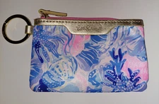 Lilly Pulitzer ID Case Shade Seekers Blue & Pink Coin Purse Keychain 5.25"x3.25"