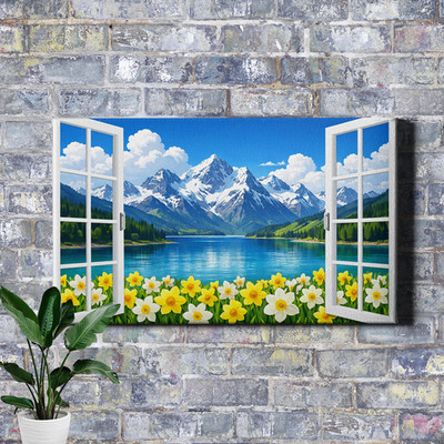 Alpine lake view through open window Poster Print snowy mountain vista