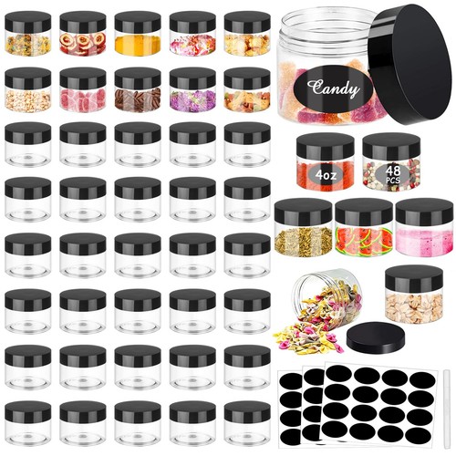 4OZ Plastic Jars 48Pcs Wide Mouth Round Clear Container Jars with Black Lids ...