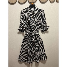 Calvin Klein Zebra Print Button Up Shirt Dress Midi Black White