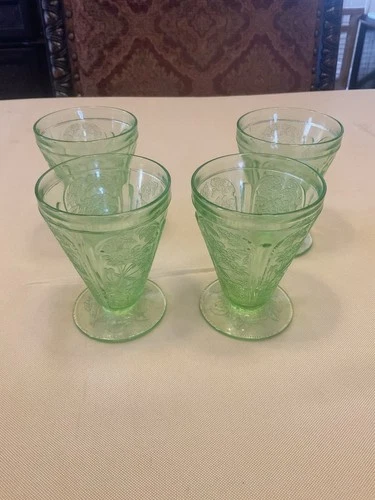 Jeannette Cherry Blossom Uranium Depression Glass Footed Juice Tumblers (4)