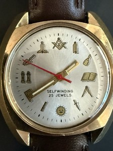 Masonic Automatic 25 Jewels Watch with Symbols Genuine Leather Strap