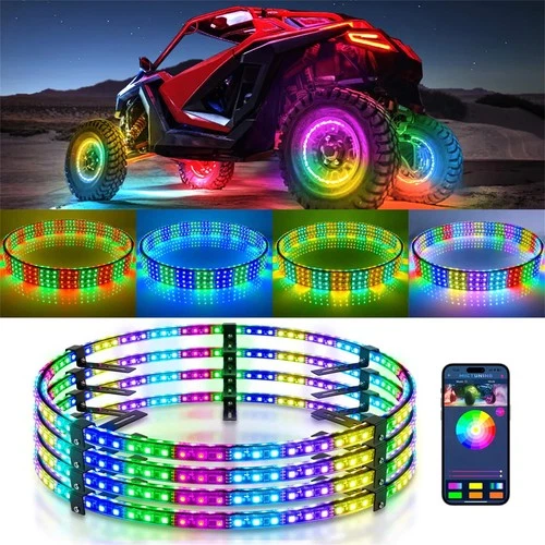 4Pcs 15.5″/17" RGB+IC Chasing Wheel Ring Lights Kit Double-Row LED Car Rim Light