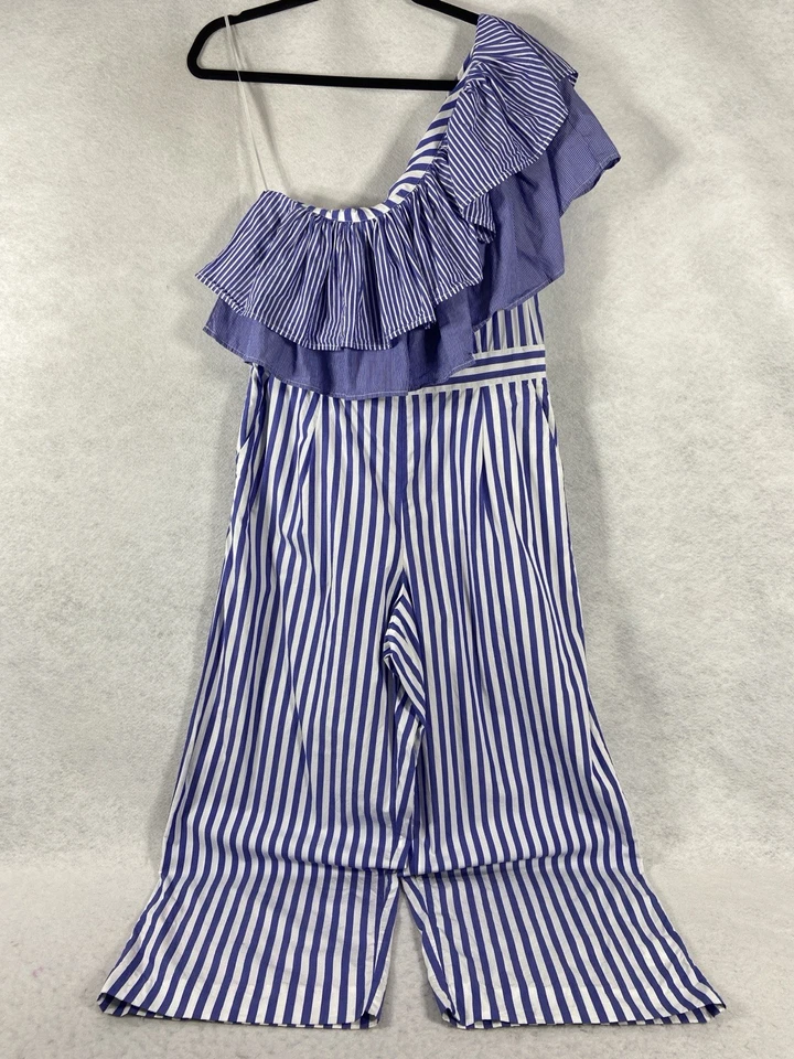 J. Mono Crew Mujer 10 Azul Blanco Un Hombro Volantes Rayas Pierna Recta Foto 2 de 4