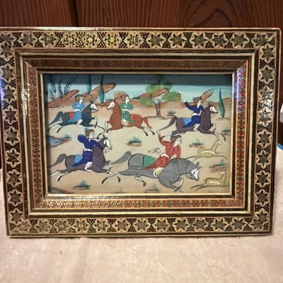 Vintage Persian Miniature Painting on Bone Khatam Inlaid Mosaic Frame Iran 5x7