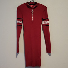 GUESS Red Ribbed Knit Mock Neck 1/4 Zip Logo Sleeve Bodycon Dress Size S