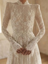 White Backless Wedding Dress High Neck Bride A Line Floor-length Long Sleeves