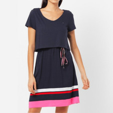 Tommy Hilfiger Navy Blue Short Sleeve Popover Dress Pink & Red Contrast Stripe L