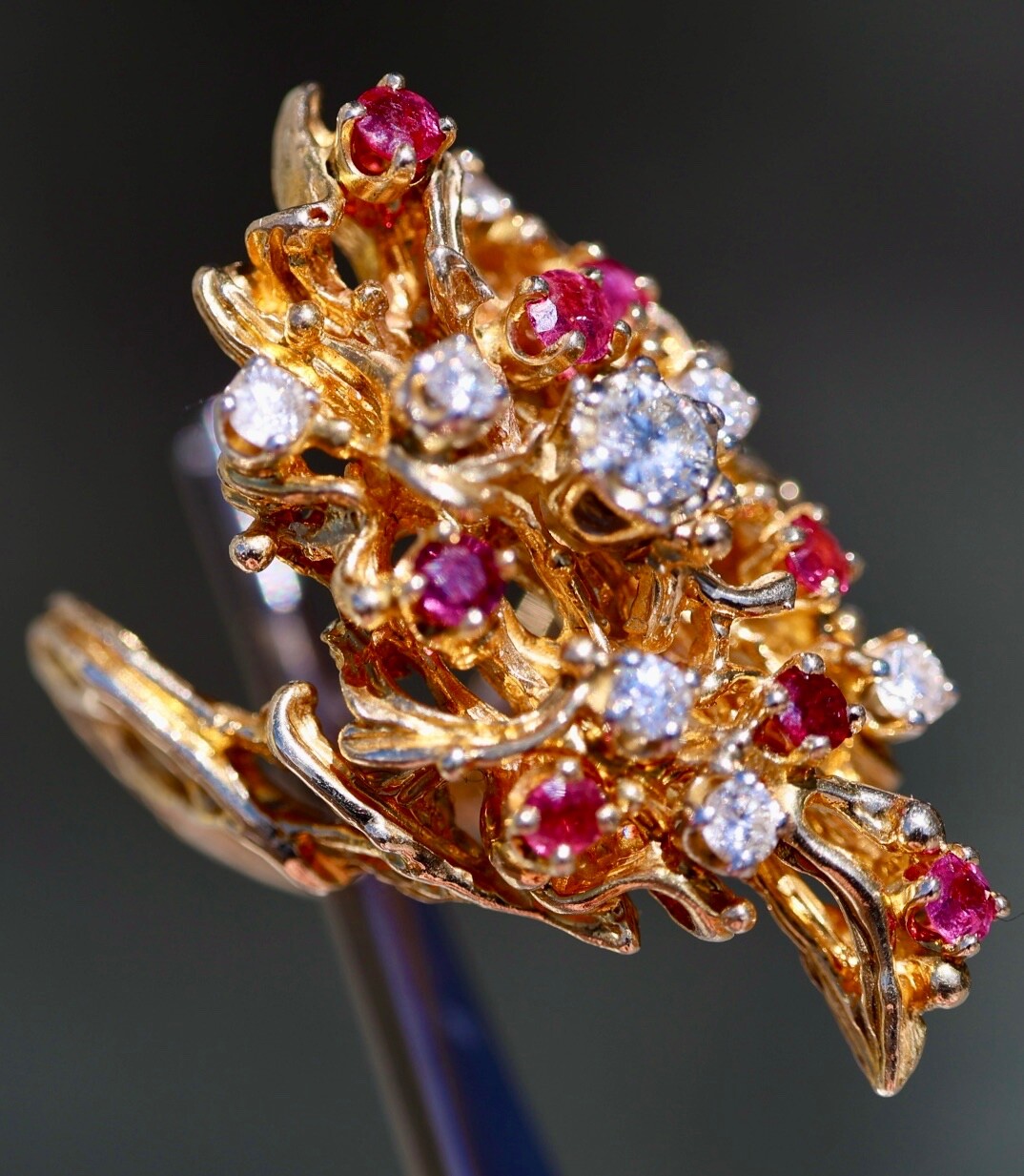 14K 585 SOLID YELLOW GOLD RUBY DIAMOND CLUSTER AR… - image 2